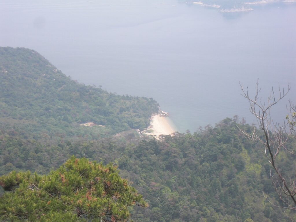 View of a deserted beach from Mount Misen Observatory